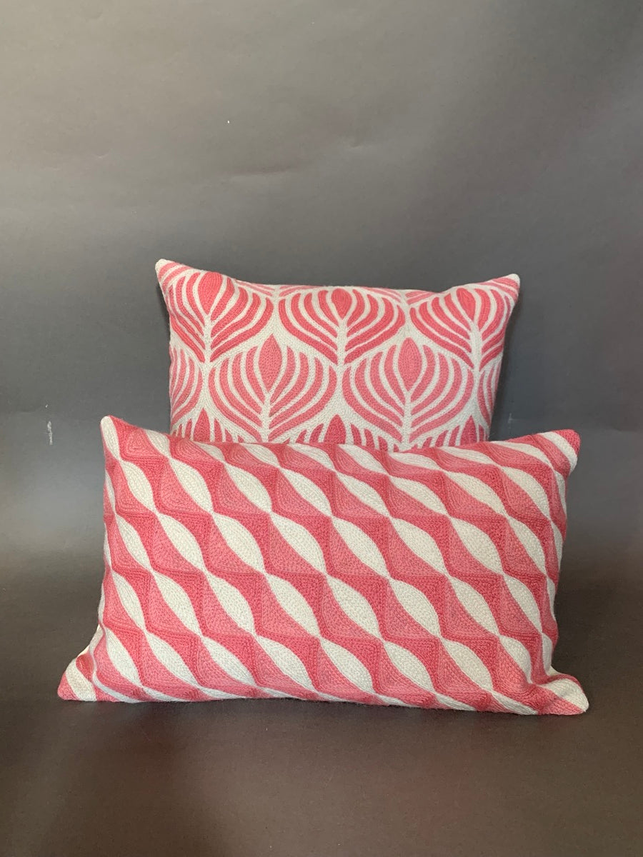 Pair of soft pink kashmiri crewel cushions