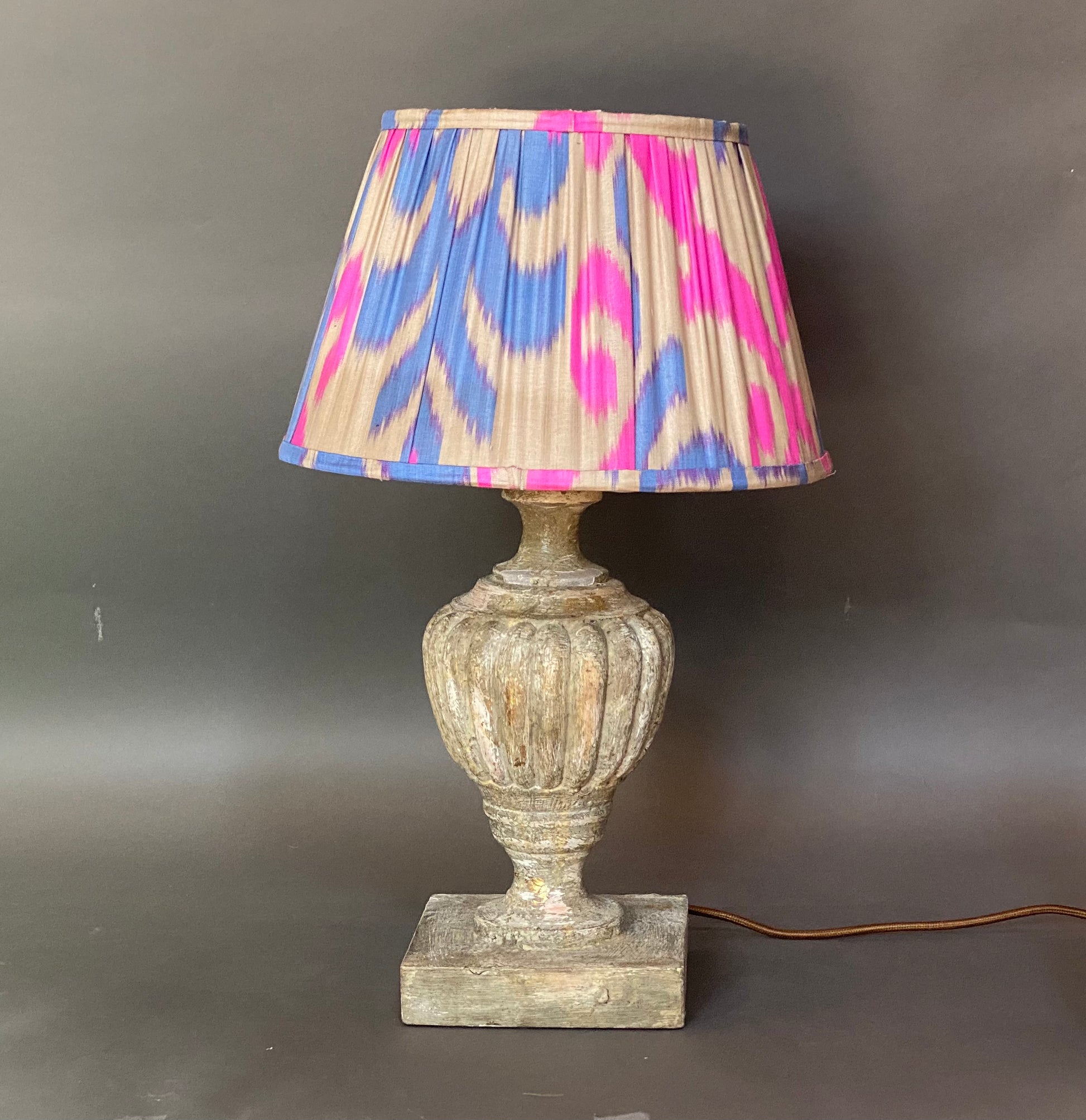 Bright pink and blue ikat silk lampshade with ceramic base