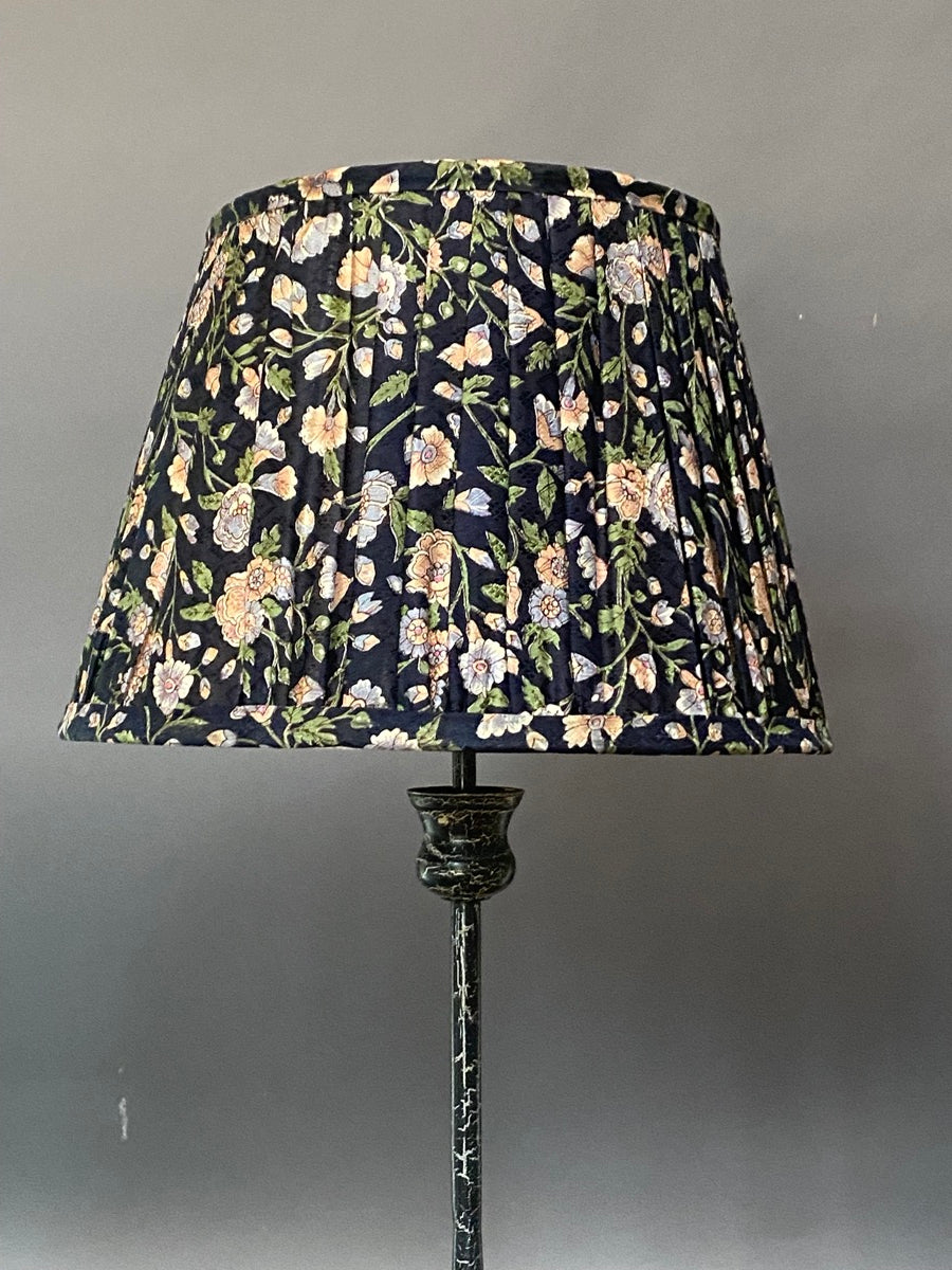 Navy with Floral Silk Lampshade on a candlestick lamp base