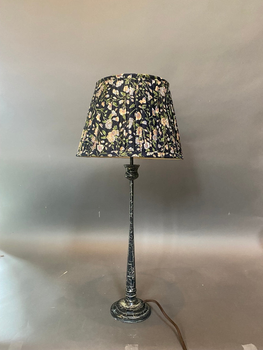Navy with Floral Silk Lampshade on a candle stick lamp base