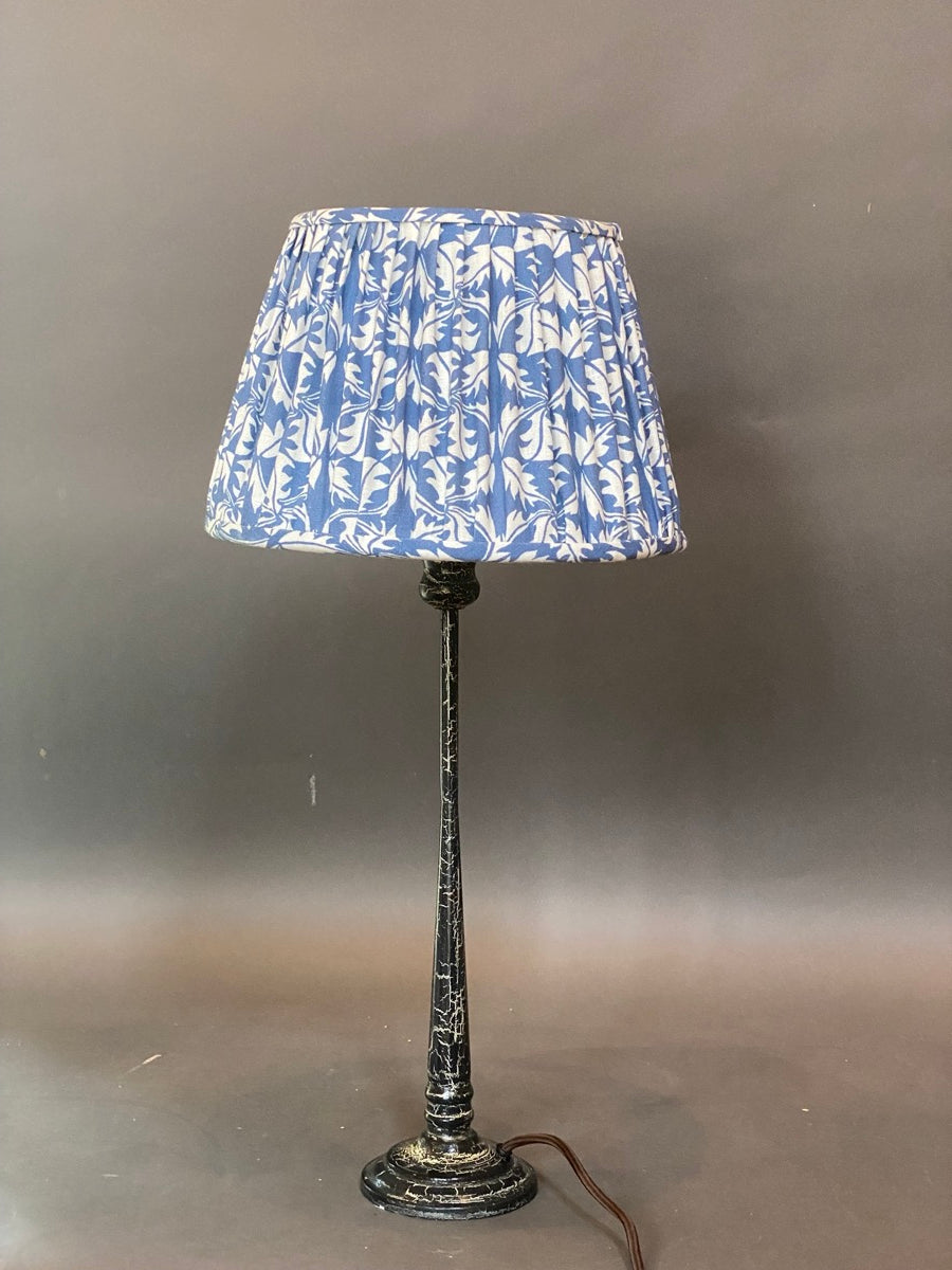 Blue and white screen print cotton lampshade with base