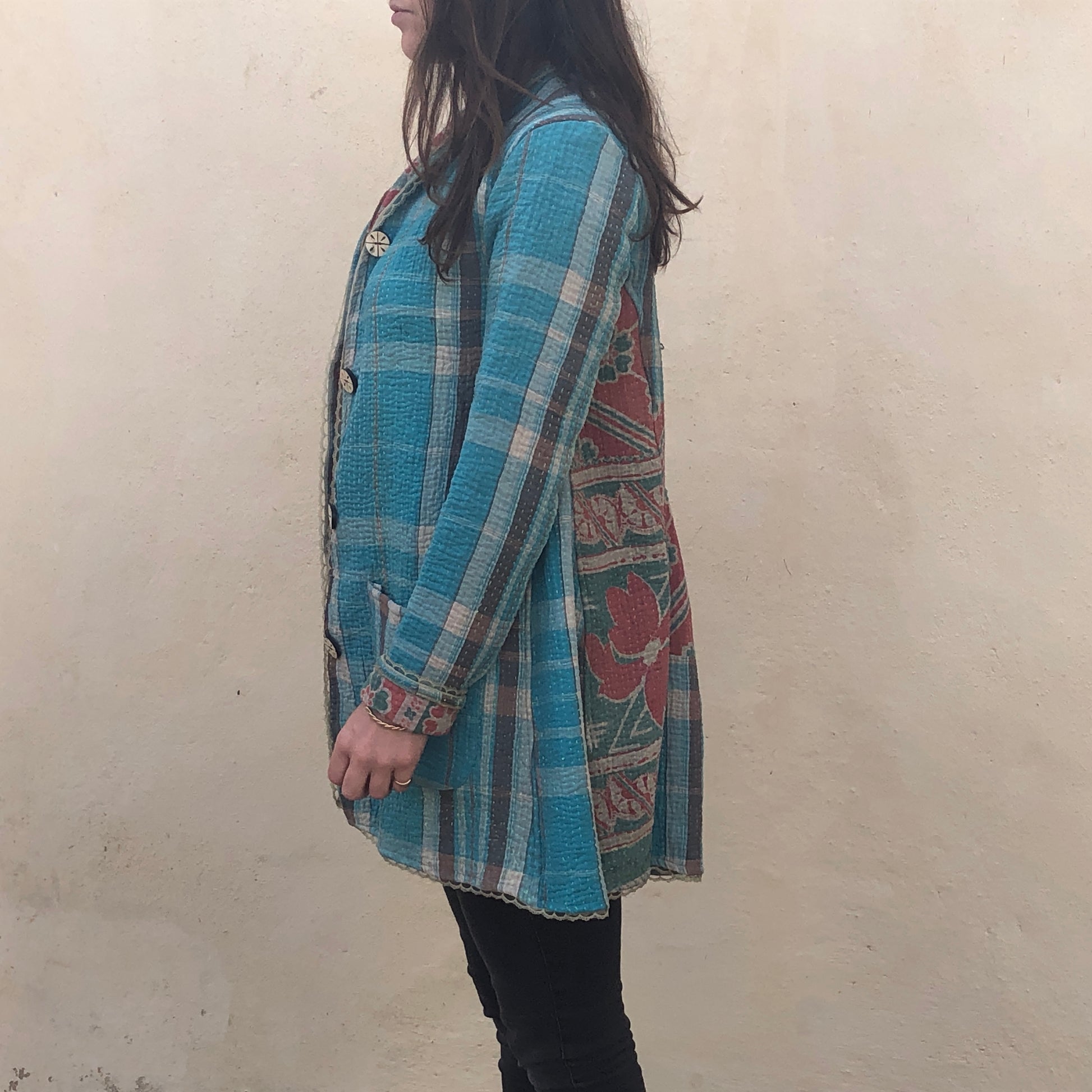Blue, Grey and Pink Kantha Coat From Side View