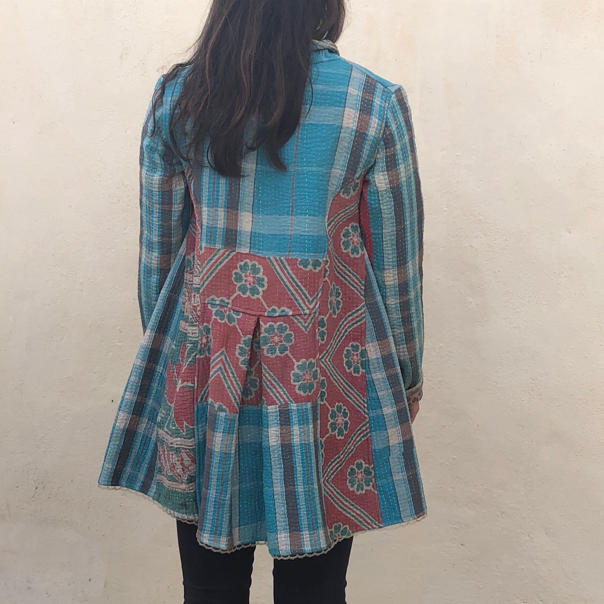 Blue, Grey and Pink Kantha Coat From Back View