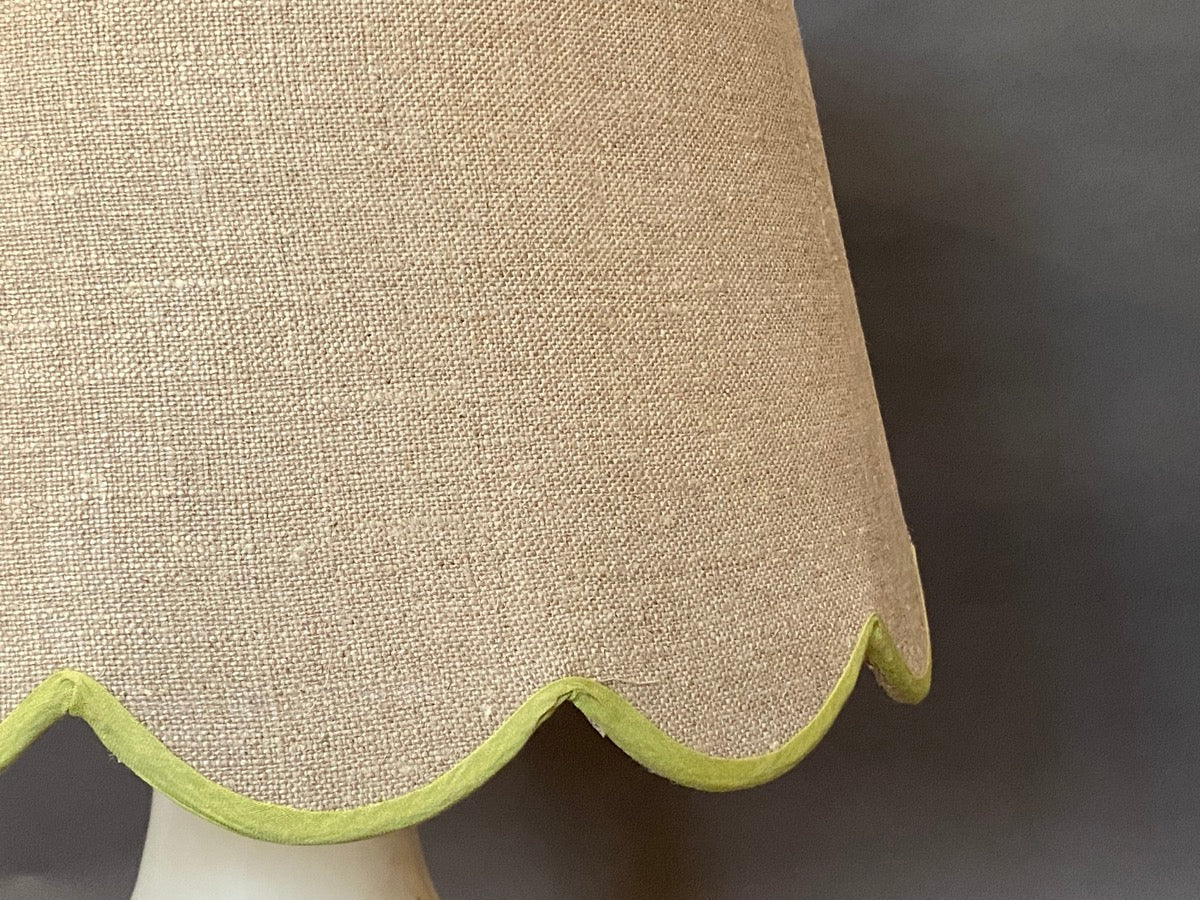 Linen scallop lampshade with green trim