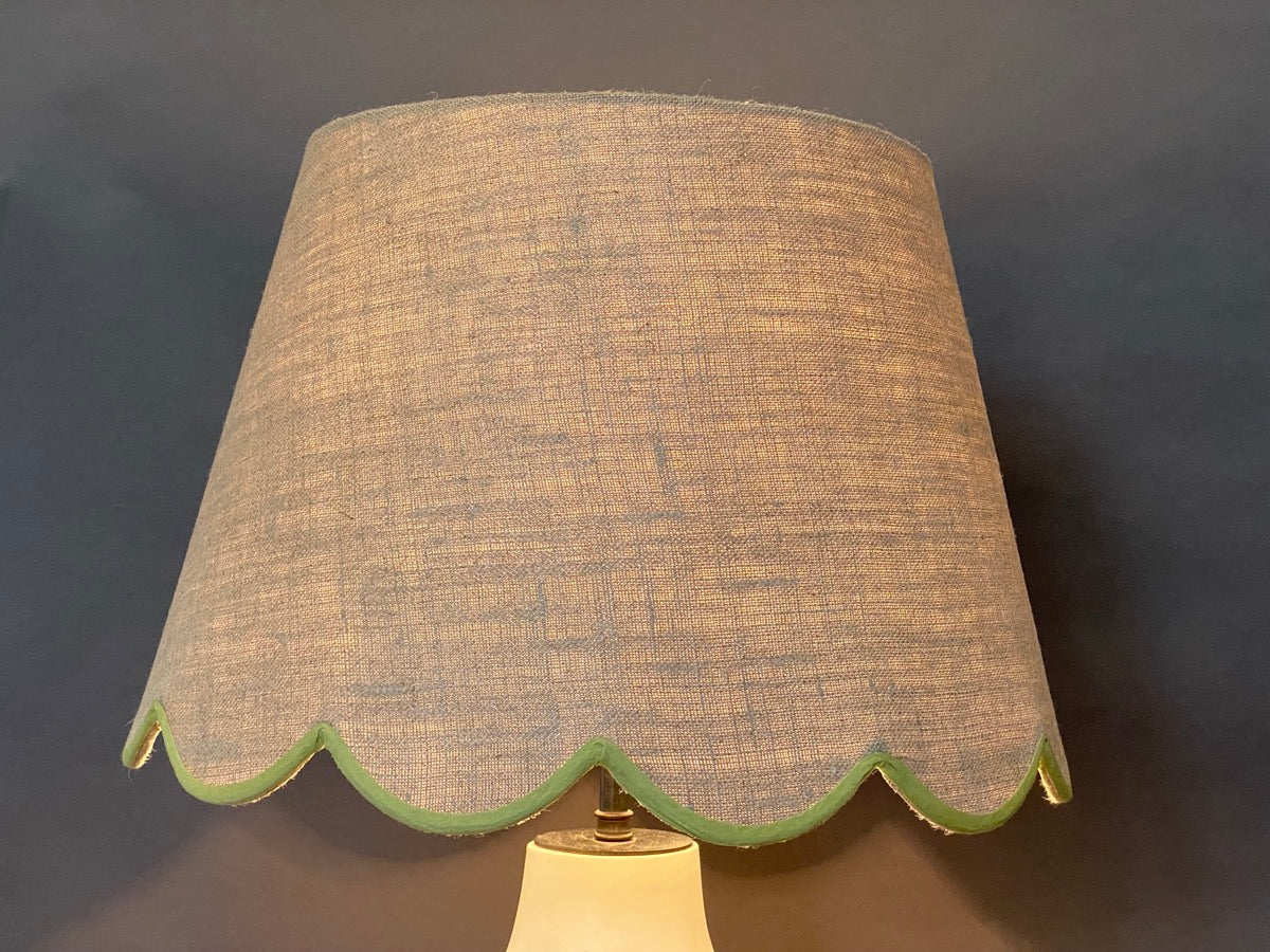 Linen scallop lampshade shown lit