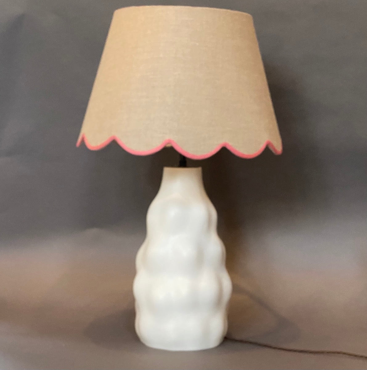 Linen scallop lampshade with pink trim