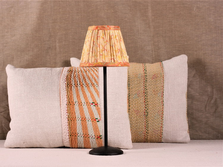 Yellow Pink And Blue Silk Lampshade on a candlestick lamp base