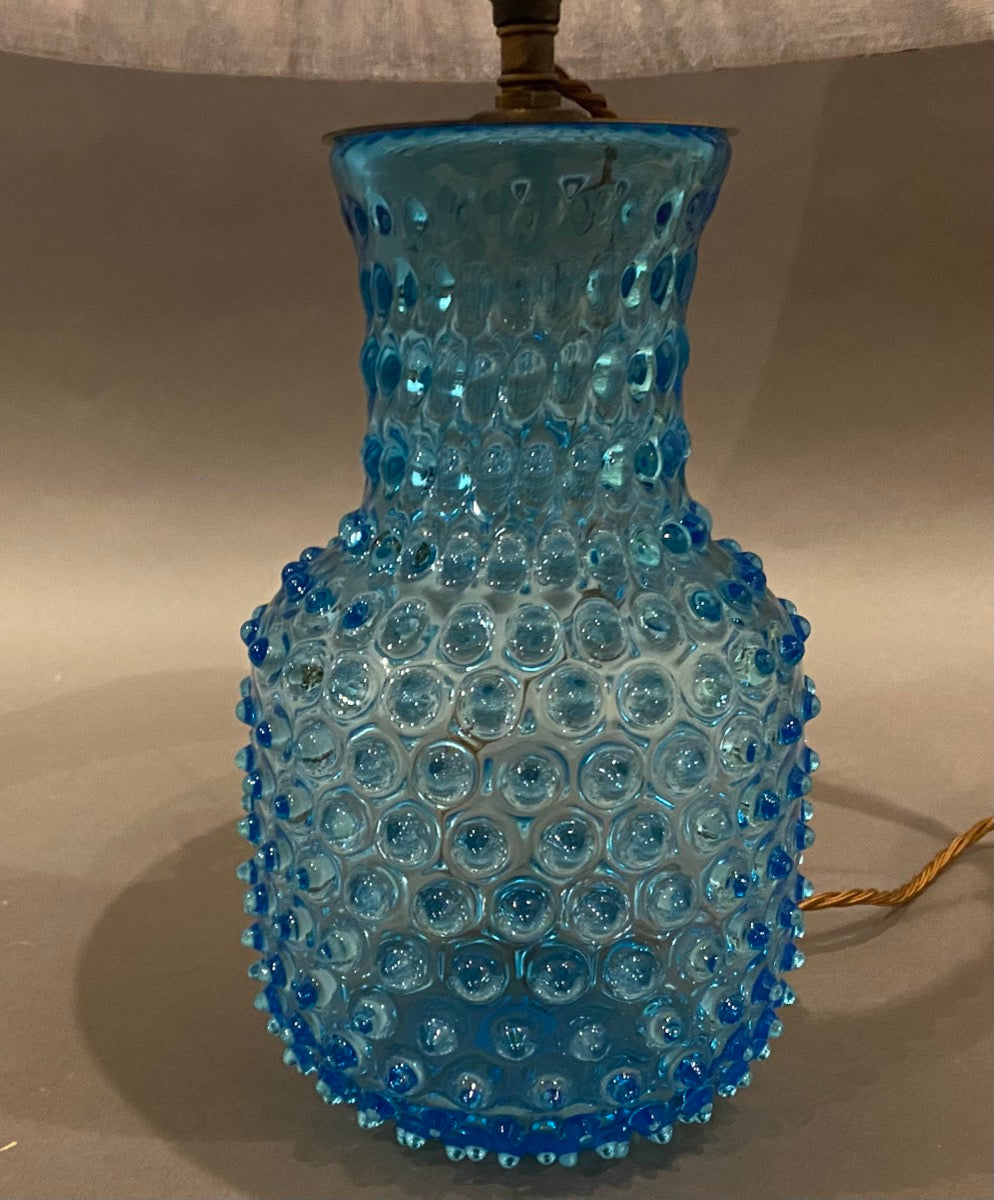 Blue carafe lamp base hobnail