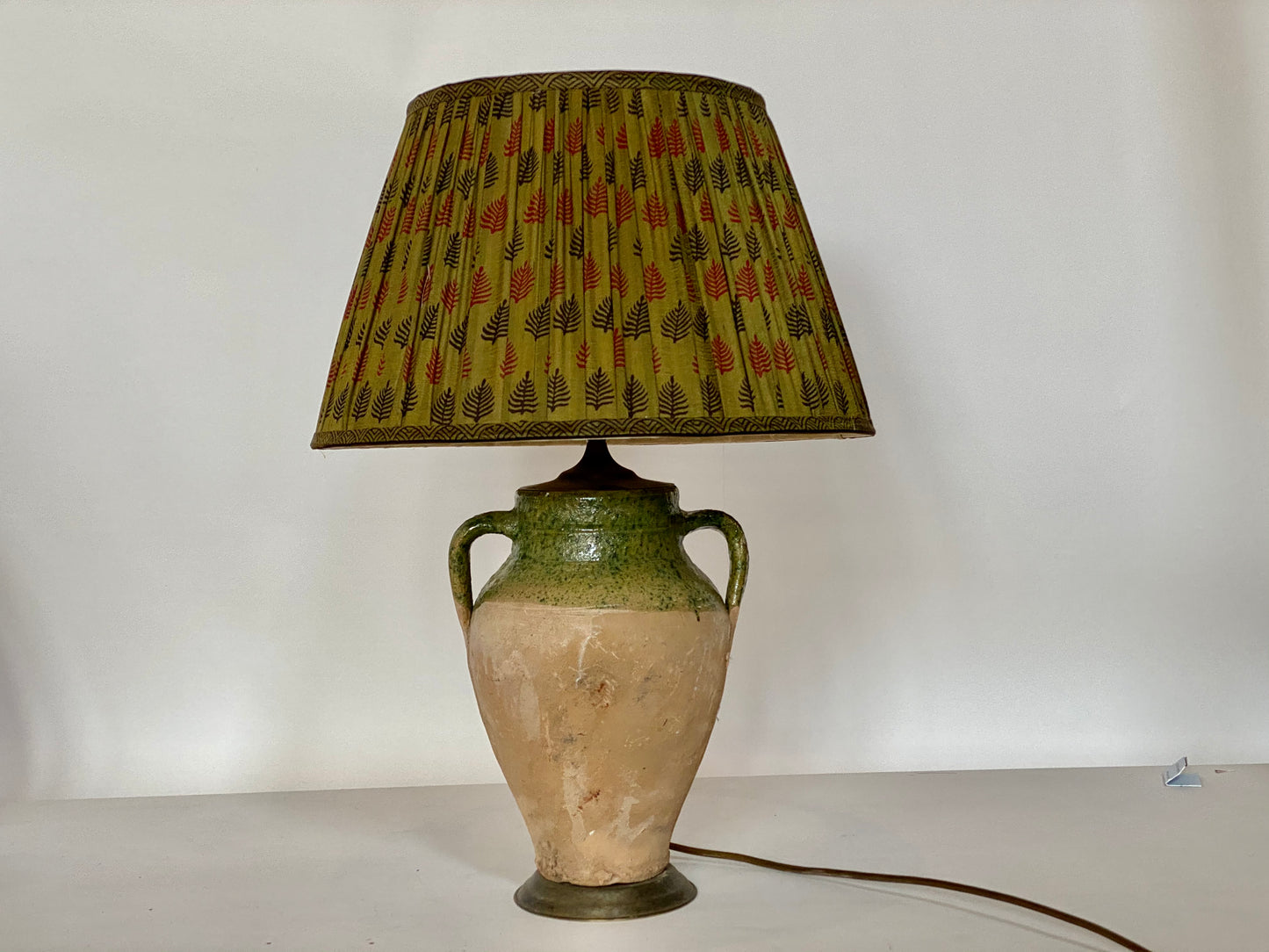 Olive green and red silk lampshade