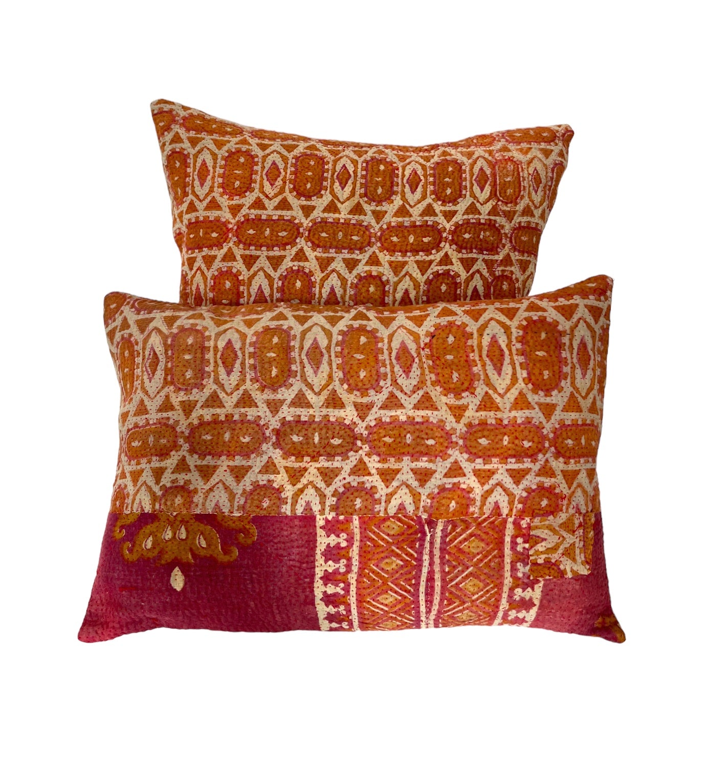 Pink and orange kantha cushions
