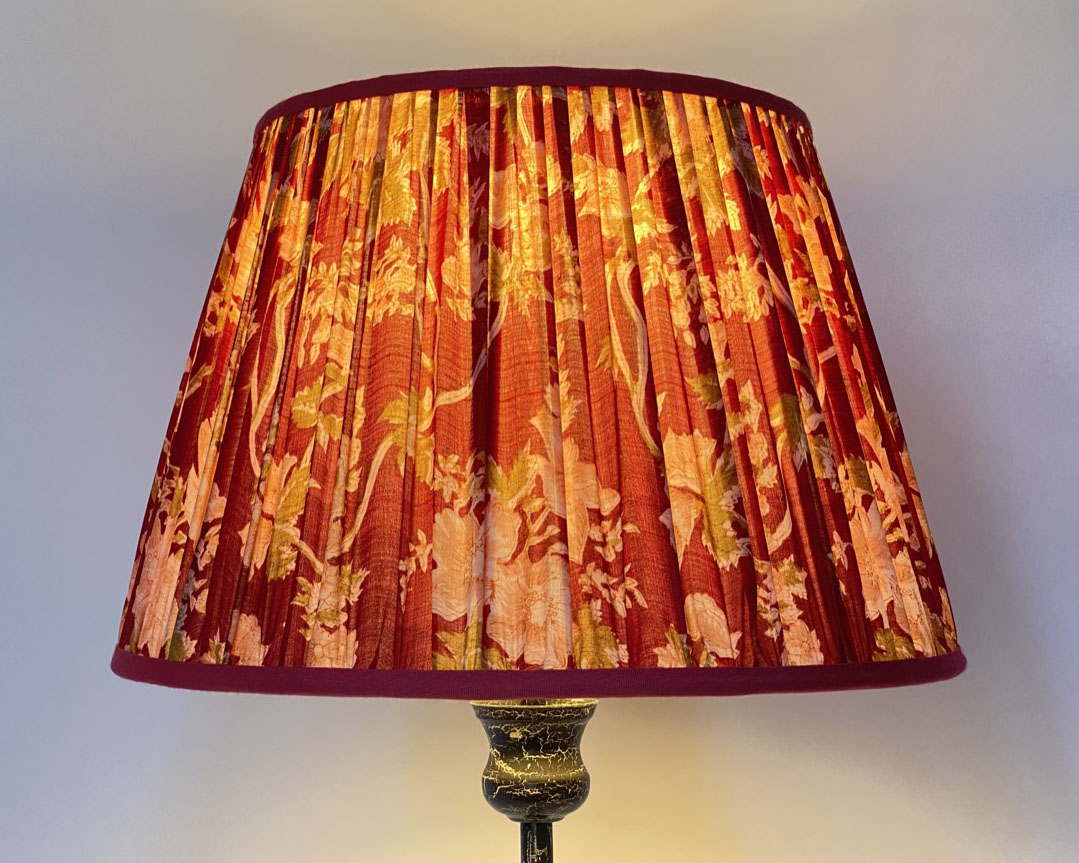 Raspberry and chartreuse vintage silk lampshade shown lit