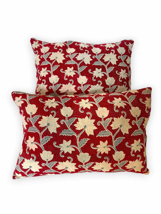 Red and blue kantha cushion