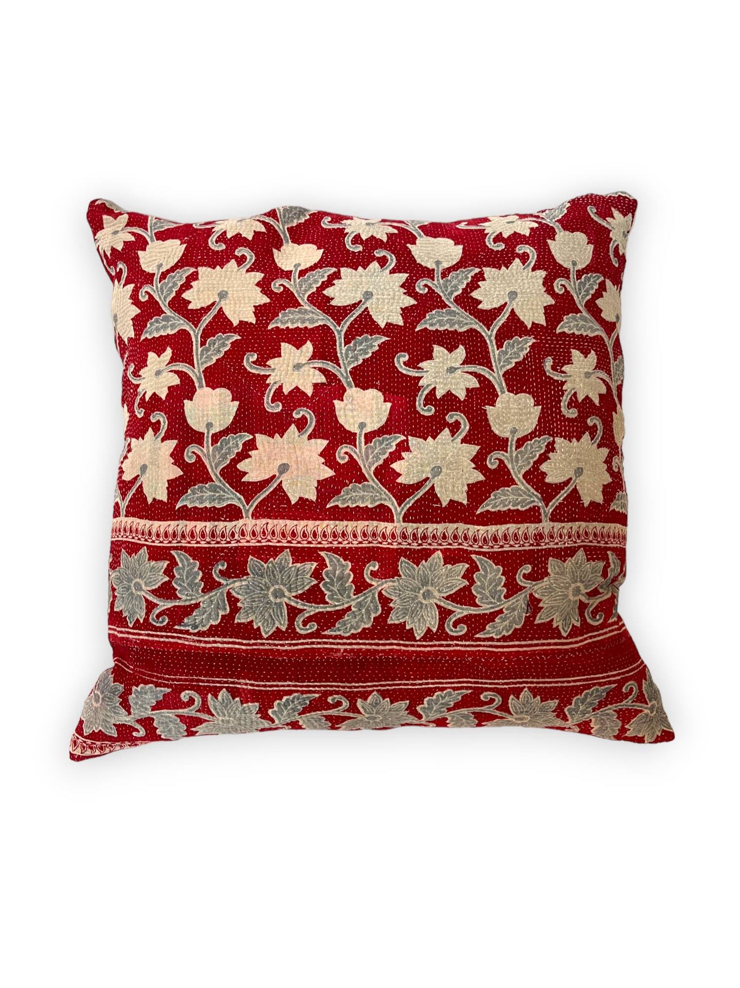 Red and pale blue kantha cushion
