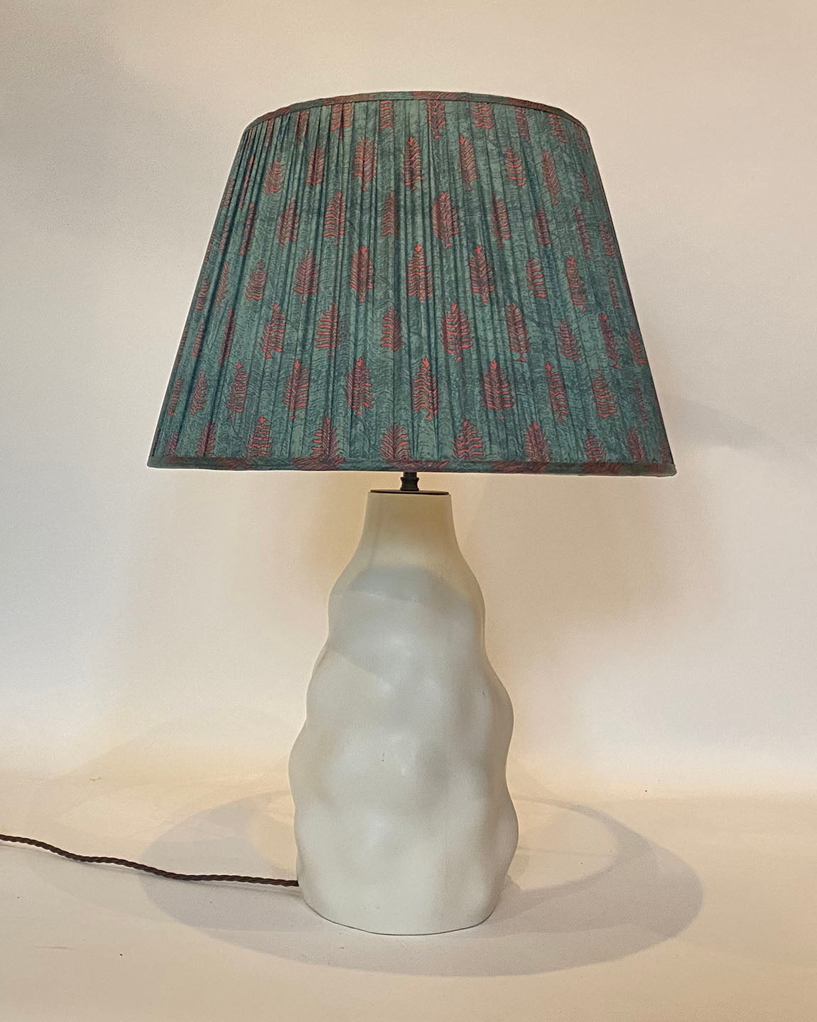 Teal with Pink Paisley Vintage Silk Sari Lampshade on an iki lamp base