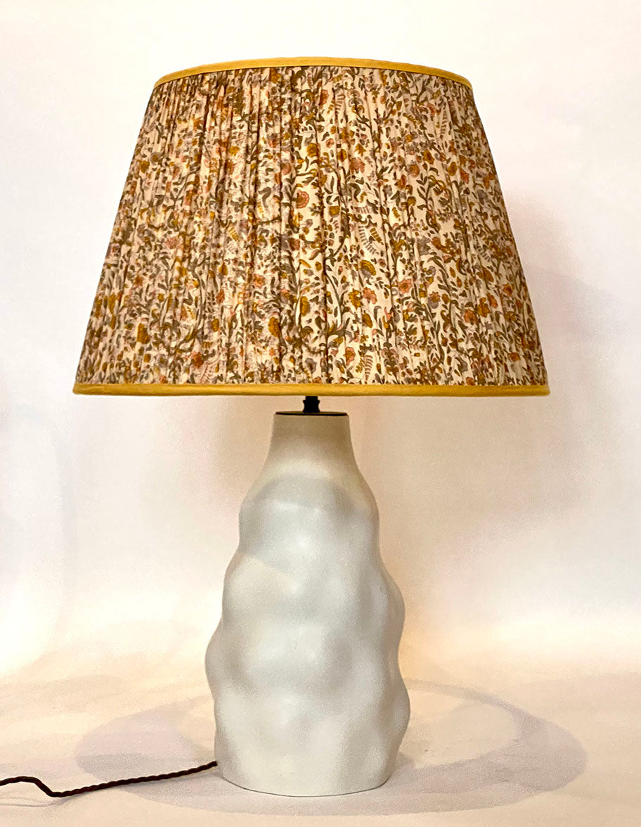 Cream and Yellow Paisley silk lampshade shown on an Iki lamp base