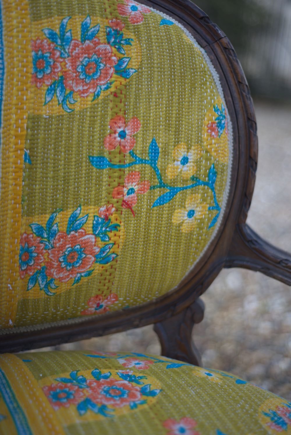 19th century yellow french sofa close-up of pattern